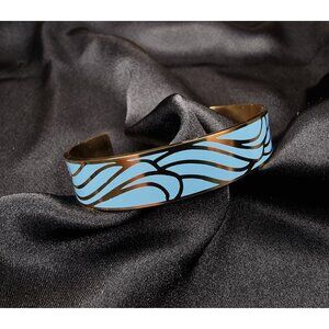 Blue & Gold Wave Patterned Cuff Bracelet With Engraved Inspirational Quote